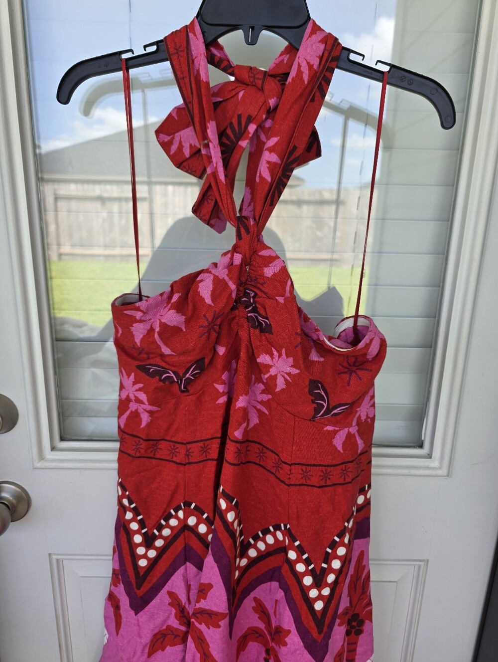NWT I. State Halter Sundress Sz L Red Pink Tropical Palm Tree Tie Neck Dress - Picture 5 of 11